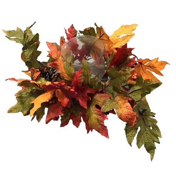 THANKSGIVING MAPLE LEAF ARRANGEMENT WITH CENTER GLASS VASE CANDLE HOLDER - Picture 3 of 9